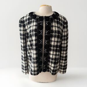 New ST JOHN Couture Black White Santana Knit Jacket, Rosettes, Paillettes, Sz 16